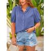 imagePRETTYGARDEN Womens Summer Button Down Shirts Short Lantern Sleeve V Neck Cotton Cute Dressy Casual Ladies Tops BlousesGrey Blue