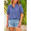 imagePRETTYGARDEN Womens Summer Button Down Shirts Short Lantern Sleeve V Neck Cotton Cute Dressy Casual Ladies Tops BlousesGrey Blue