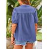 imagePRETTYGARDEN Womens Summer Button Down Shirts Short Lantern Sleeve V Neck Cotton Cute Dressy Casual Ladies Tops BlousesGrey Blue