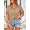 imagePRETTYGARDEN Womens Summer Button Down Shirts Short Lantern Sleeve V Neck Cotton Cute Dressy Casual Ladies Tops BlousesKhaki