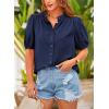 imagePRETTYGARDEN Womens Summer Button Down Shirts Short Lantern Sleeve V Neck Cotton Cute Dressy Casual Ladies Tops BlousesNavy