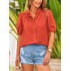 imagePRETTYGARDEN Womens Summer Button Down Shirts Short Lantern Sleeve V Neck Cotton Cute Dressy Casual Ladies Tops BlousesOrange