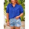 imagePRETTYGARDEN Womens Summer Button Down Shirts Short Lantern Sleeve V Neck Cotton Cute Dressy Casual Ladies Tops BlousesRoyal Blue