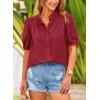 imagePRETTYGARDEN Womens Summer Button Down Shirts Short Lantern Sleeve V Neck Cotton Cute Dressy Casual Ladies Tops BlousesWine Red