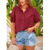 imagePRETTYGARDEN Womens Summer Button Down Shirts Short Lantern Sleeve V Neck Cotton Cute Dressy Casual Ladies Tops BlousesWine Red