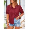 imagePRETTYGARDEN Womens Summer Button Down Shirts Short Lantern Sleeve V Neck Cotton Cute Dressy Casual Ladies Tops BlousesWine Red
