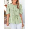 imagePRETTYGARDEN Womens Tie Front Striped Shirt 2025 Summer Trendy Fashion Cute Babydoll Tops Peplum Puffy Sleeve BlouseArmy Green