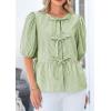 imagePRETTYGARDEN Womens Tie Front Striped Shirt 2025 Summer Trendy Fashion Cute Babydoll Tops Peplum Puffy Sleeve BlouseArmy Green