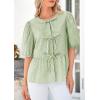 imagePRETTYGARDEN Womens Tie Front Striped Shirt 2025 Summer Trendy Fashion Cute Babydoll Tops Peplum Puffy Sleeve BlouseArmy Green