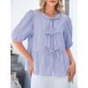 imagePRETTYGARDEN Womens Tie Front Striped Shirt 2025 Summer Trendy Fashion Cute Babydoll Tops Peplum Puffy Sleeve BlouseBlue