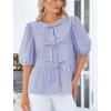 imagePRETTYGARDEN Womens Tie Front Striped Shirt 2025 Summer Trendy Fashion Cute Babydoll Tops Peplum Puffy Sleeve BlouseBlue