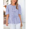 imagePRETTYGARDEN Womens Tie Front Striped Shirt 2025 Summer Trendy Fashion Cute Babydoll Tops Peplum Puffy Sleeve BlouseBlue