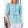 imagePRETTYGARDEN Womens Tie Front Striped Shirt 2025 Summer Trendy Fashion Cute Babydoll Tops Peplum Puffy Sleeve BlouseBlue Green