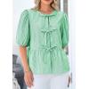 imagePRETTYGARDEN Womens Tie Front Striped Shirt 2025 Summer Trendy Fashion Cute Babydoll Tops Peplum Puffy Sleeve BlouseGreen