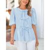 imagePRETTYGARDEN Womens Tie Front Striped Shirt 2025 Summer Trendy Fashion Cute Babydoll Tops Peplum Puffy Sleeve BlouseLight Blue