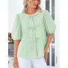 imagePRETTYGARDEN Womens Tie Front Striped Shirt 2025 Summer Trendy Fashion Cute Babydoll Tops Peplum Puffy Sleeve BlouseLight Green