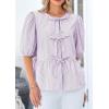 imagePRETTYGARDEN Womens Tie Front Striped Shirt 2025 Summer Trendy Fashion Cute Babydoll Tops Peplum Puffy Sleeve BlouseLight Purple