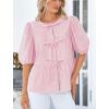 imagePRETTYGARDEN Womens Tie Front Striped Shirt 2025 Summer Trendy Fashion Cute Babydoll Tops Peplum Puffy Sleeve BlousePink