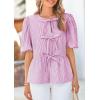 imagePRETTYGARDEN Womens Tie Front Striped Shirt 2025 Summer Trendy Fashion Cute Babydoll Tops Peplum Puffy Sleeve BlousePurple Red