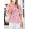 imagePRETTYGARDEN Womens Tie Front Striped Shirt 2025 Summer Trendy Fashion Cute Babydoll Tops Peplum Puffy Sleeve BlouseRed