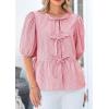 imagePRETTYGARDEN Womens Tie Front Striped Shirt 2025 Summer Trendy Fashion Cute Babydoll Tops Peplum Puffy Sleeve BlouseRed