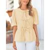 imagePRETTYGARDEN Womens Tie Front Striped Shirt 2025 Summer Trendy Fashion Cute Babydoll Tops Peplum Puffy Sleeve BlouseYellow