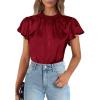imagePRETTYGARDEN Business Casual Tops for Women Blouses Dressy 2025 Summer Short Sleeve Ruffle Satin Work Office AttireWine Red