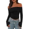 imagePRETTYGARDEN Fall Tops for Women 2025 Trendy Long Sleeve Crop Mesh Slim Fit Y2K Cute Shirts Going Out Off The Shoulder TopBlack