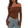 imagePRETTYGARDEN Fall Tops for Women 2025 Trendy Long Sleeve Crop Mesh Slim Fit Y2K Cute Shirts Going Out Off The Shoulder TopCoffee