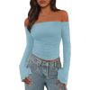 imagePRETTYGARDEN Fall Tops for Women 2025 Trendy Long Sleeve Crop Mesh Slim Fit Y2K Cute Shirts Going Out Off The Shoulder TopLight Blue