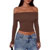 imagePRETTYGARDEN Off The Shoulder Tops for Women 2025 Long Sleeve Shirts Trendy Going Out Crop Top Spring Fashion ClothesCoffee