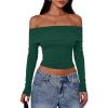 imagePRETTYGARDEN Off The Shoulder Tops for Women 2025 Long Sleeve Shirts Trendy Going Out Crop Top Spring Fashion ClothesDark Green