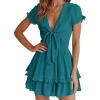 imagePRETTYGARDEN Women Summer Short Dress 2025 Casual V Neck Short Sleeve Tiered Bow Mini Sun Dresses Beach Vacation SundressLake Blue