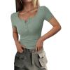 imagePRETTYGARDEN Womens 2025 Fall Summer Short Sleeve Tops Ribbed Henley Button Slim Fit Basic Casual T Shirts Blouse ClothingLight Green
