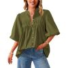 imagePRETTYGARDEN Womens 2025 Summer Short Lantern Sleeve Tops Loose Fit Button Down Shirt Pleated V Neck Blouses Trendy ClothesArmy Green