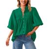 imagePRETTYGARDEN Womens 2025 Summer Short Lantern Sleeve Tops Loose Fit Button Down Shirt Pleated V Neck Blouses Trendy ClothesGreen