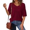 imagePRETTYGARDEN Womens Short Sleeve Sweater Tops 2025 Spring Summer Casual V Neck Ribbed Knit Trendy Eyelet Blouse T ShirtsWine Red