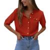 imagePRETTYGARDEN Womens Summer Button Down Shirts Casual Short Sleeve Crew Neck Ribbed Knit Blouse Top CardigansRust Red