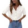 imagePRETTYGARDEN Womens Summer Button Down Shirts Casual Short Sleeve Crew Neck Ribbed Knit Blouse Top CardigansWhite