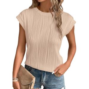 imagePRETTYGARDEN Blouses for Women Dressy Casual 2025 Spring Summer Business Office Tops Cap Sleeve Textured Cute Work ShirtApricot