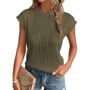 imagePRETTYGARDEN Blouses for Women Dressy Casual 2025 Spring Summer Business Office Tops Cap Sleeve Textured Cute Work ShirtArmy Green