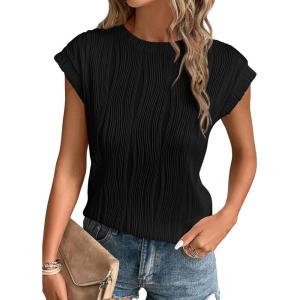imagePRETTYGARDEN Blouses for Women Dressy Casual 2025 Spring Summer Business Office Tops Cap Sleeve Textured Cute Work ShirtBlack