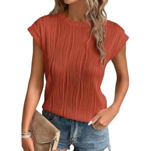 imagePRETTYGARDEN Blouses for Women Dressy Casual 2025 Spring Summer Business Office Tops Cap Sleeve Textured Cute Work ShirtBrick Red
