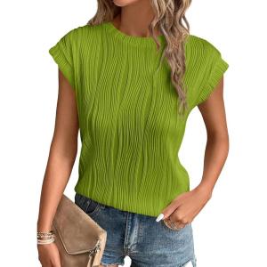 imagePRETTYGARDEN Blouses for Women Dressy Casual 2025 Spring Summer Business Office Tops Cap Sleeve Textured Cute Work ShirtGrass Green