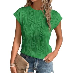 imagePRETTYGARDEN Blouses for Women Dressy Casual 2025 Spring Summer Business Office Tops Cap Sleeve Textured Cute Work ShirtGreen