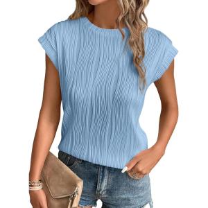 imagePRETTYGARDEN Blouses for Women Dressy Casual 2025 Spring Summer Business Office Tops Cap Sleeve Textured Cute Work ShirtLight Blue