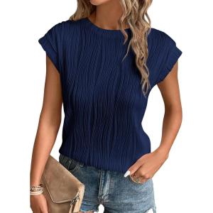 imagePRETTYGARDEN Blouses for Women Dressy Casual 2025 Spring Summer Business Office Tops Cap Sleeve Textured Cute Work ShirtNavy