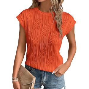 imagePRETTYGARDEN Blouses for Women Dressy Casual 2025 Spring Summer Business Office Tops Cap Sleeve Textured Cute Work ShirtOrange