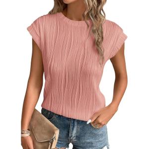 imagePRETTYGARDEN Blouses for Women Dressy Casual 2025 Spring Summer Business Office Tops Cap Sleeve Textured Cute Work ShirtPink
