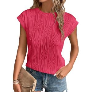 imagePRETTYGARDEN Blouses for Women Dressy Casual 2025 Spring Summer Business Office Tops Cap Sleeve Textured Cute Work ShirtRed